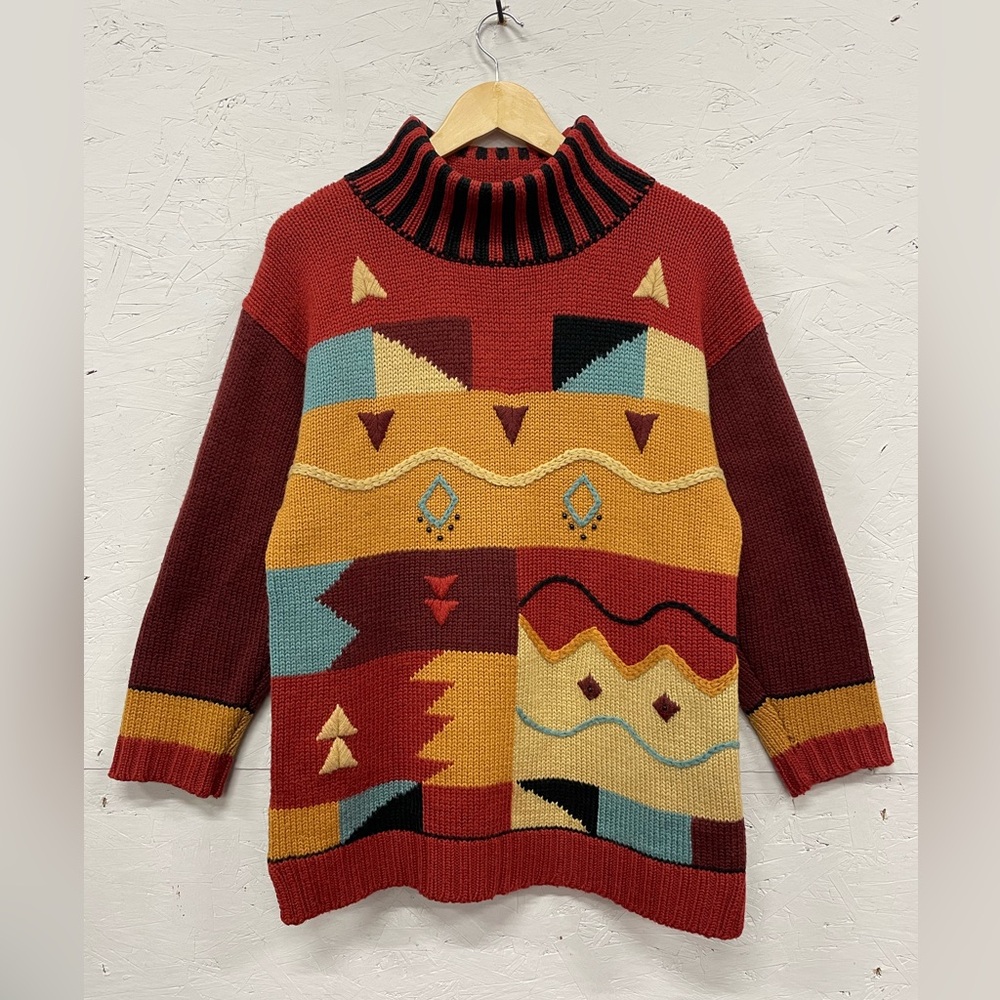 Vintage 90s Colourful Knitted Wool Blend Sweater w/ Retro High Neck, Size M/8